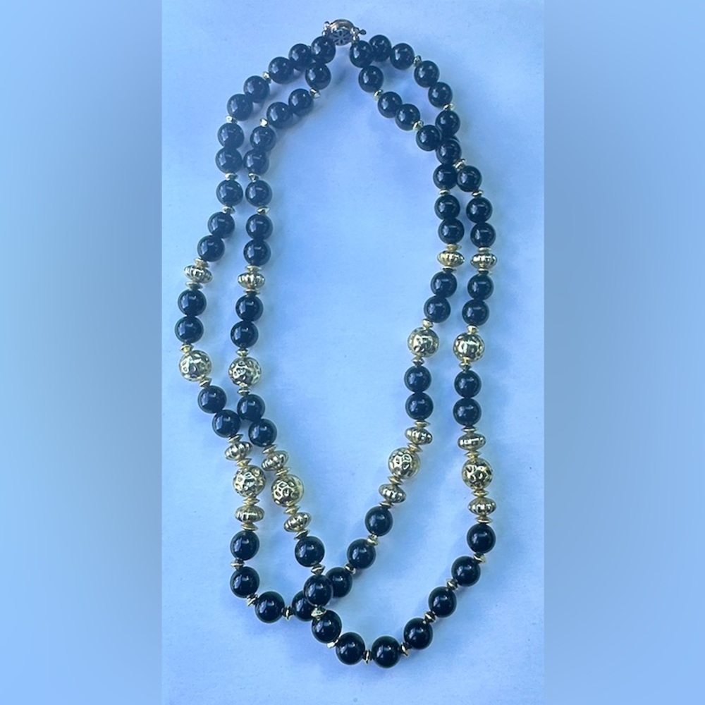 Vintage Hess’s TACOA LUCITE Beaded  2 Strand Black & Metallic Necklace